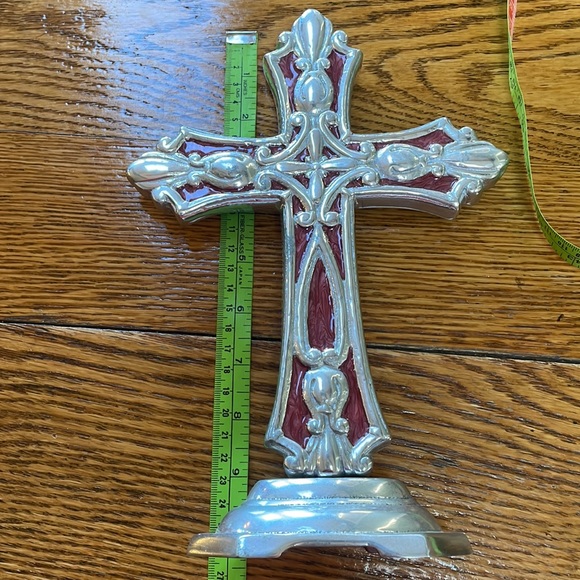 Cross shaped home decor.  Silver color with red. - Picture 7 of 16